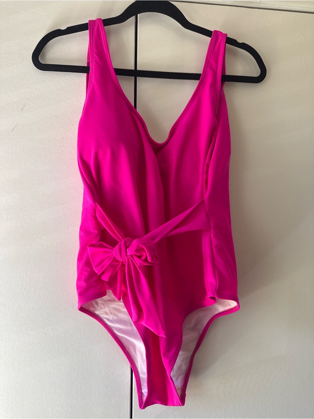 Hot Pink One Piece Swimsuit Waist Tie Plunge Neck Bathing Suit NW/OT